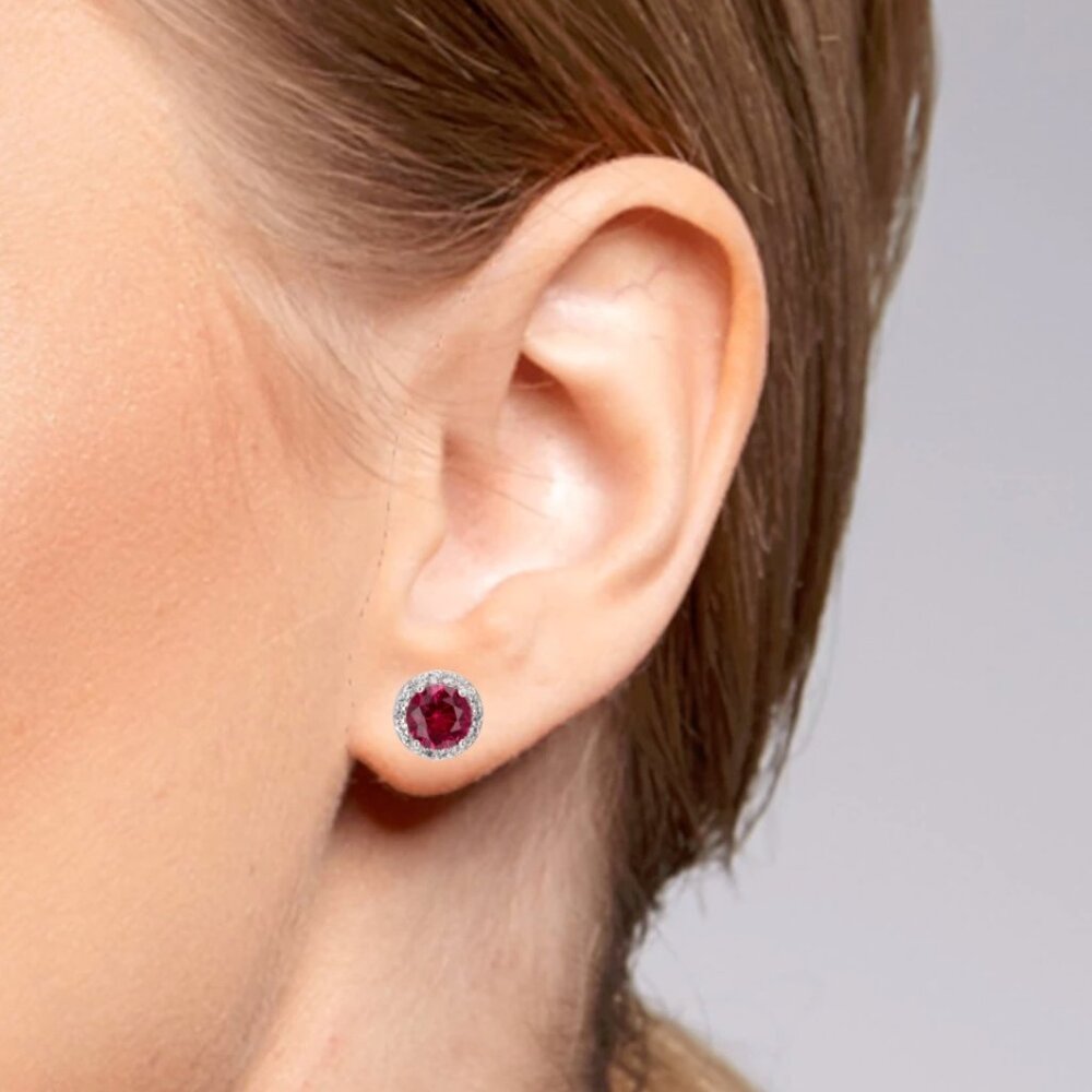 NEW 2.06ctw Lab Created Ruby & Lab Created Sapphire Sterling Halo Stud Earrings - Picture 14 of 14